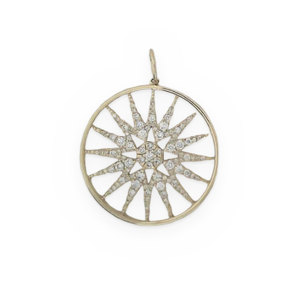 Yellow gold sunburst pendant with diamond rays radiating from a central cluster