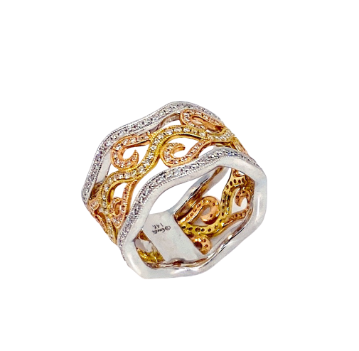Tri-color gold wavy diamond filigree band, three-quarter view