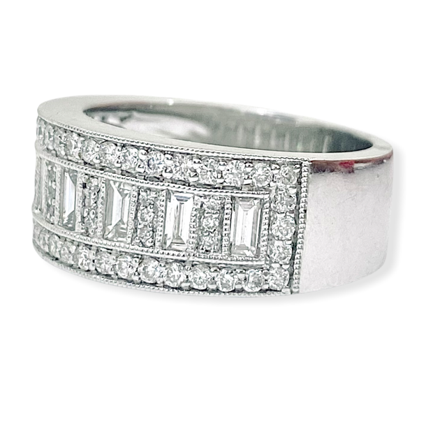 White gold baguette-and-pave wide band, angled view