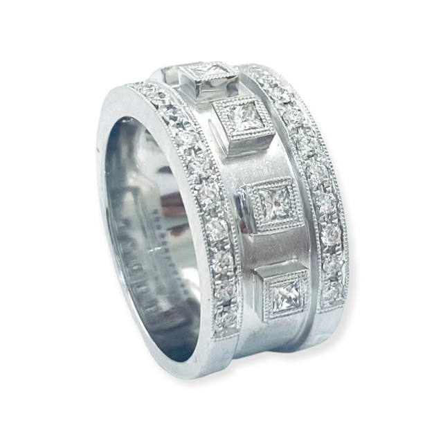 White gold princess and round diamond wide band, angled view