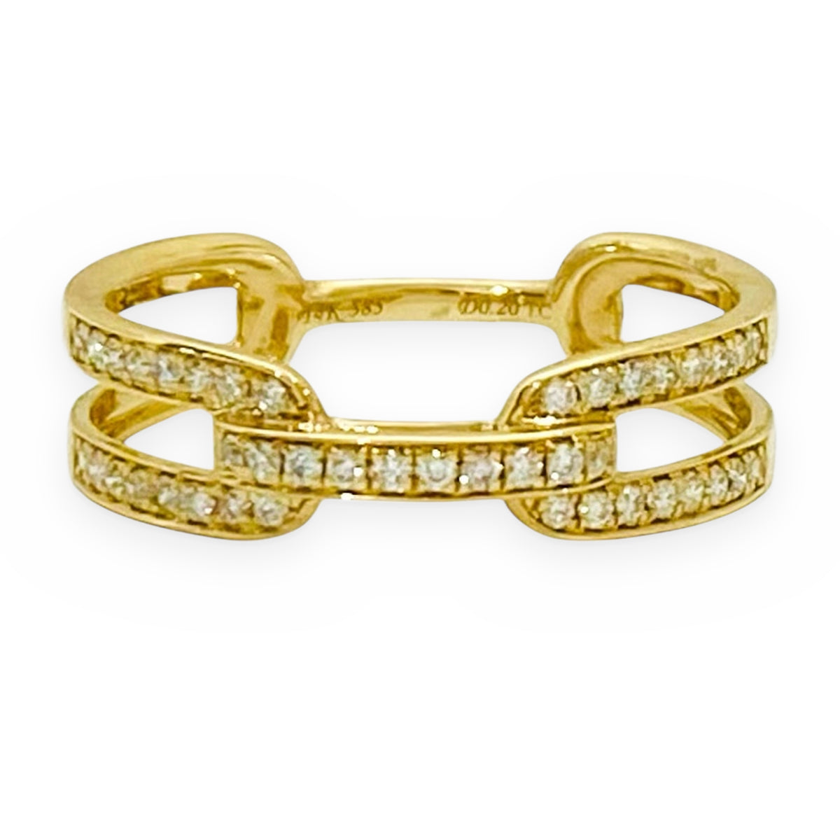 14K yellow gold ring with two vertical blue topaz baguette bars and diamonds