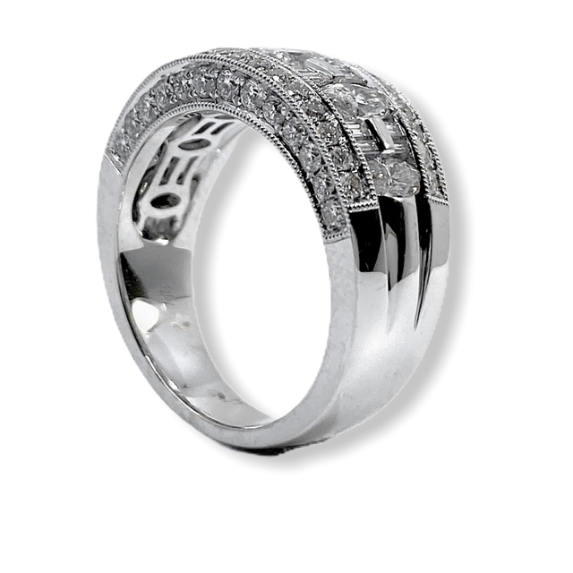 White gold marquise and baguette diamond band, angled view