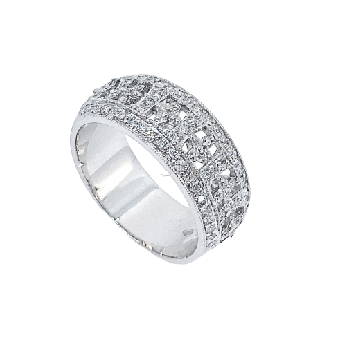 Angled view of a white gold openwork diamond band with pave edges