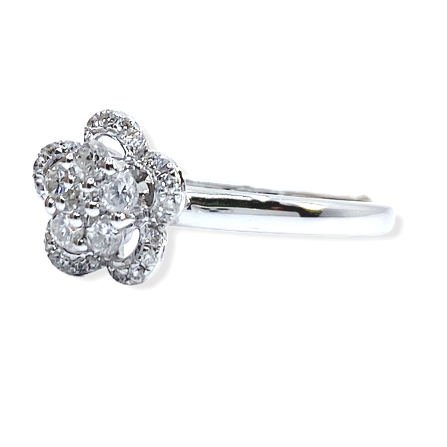 Angled view of a white gold diamond flower cluster ring