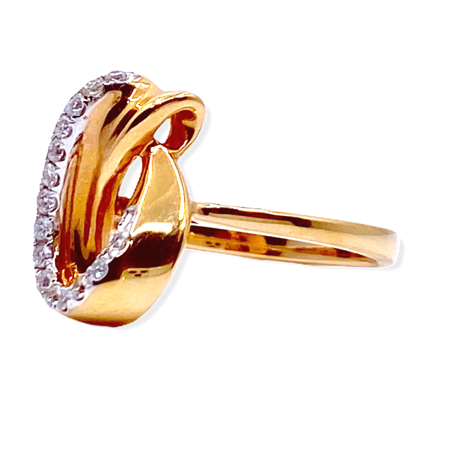 Angled view of a yellow gold teardrop loop ring with a diamond accent row