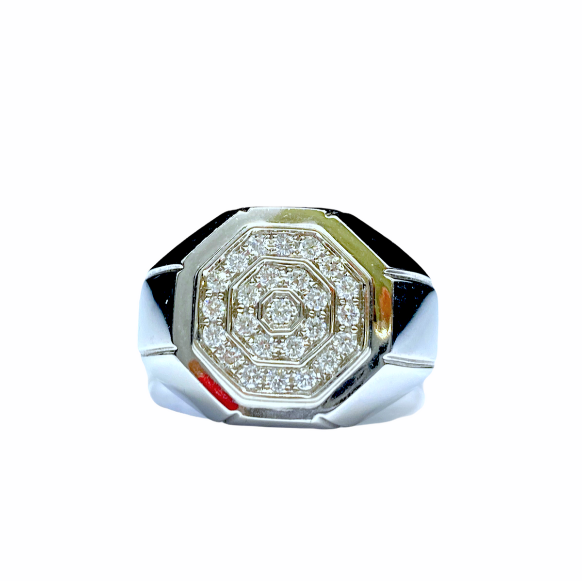 Rose gold round diamond halo ring semi-mount with a diamond eternity band