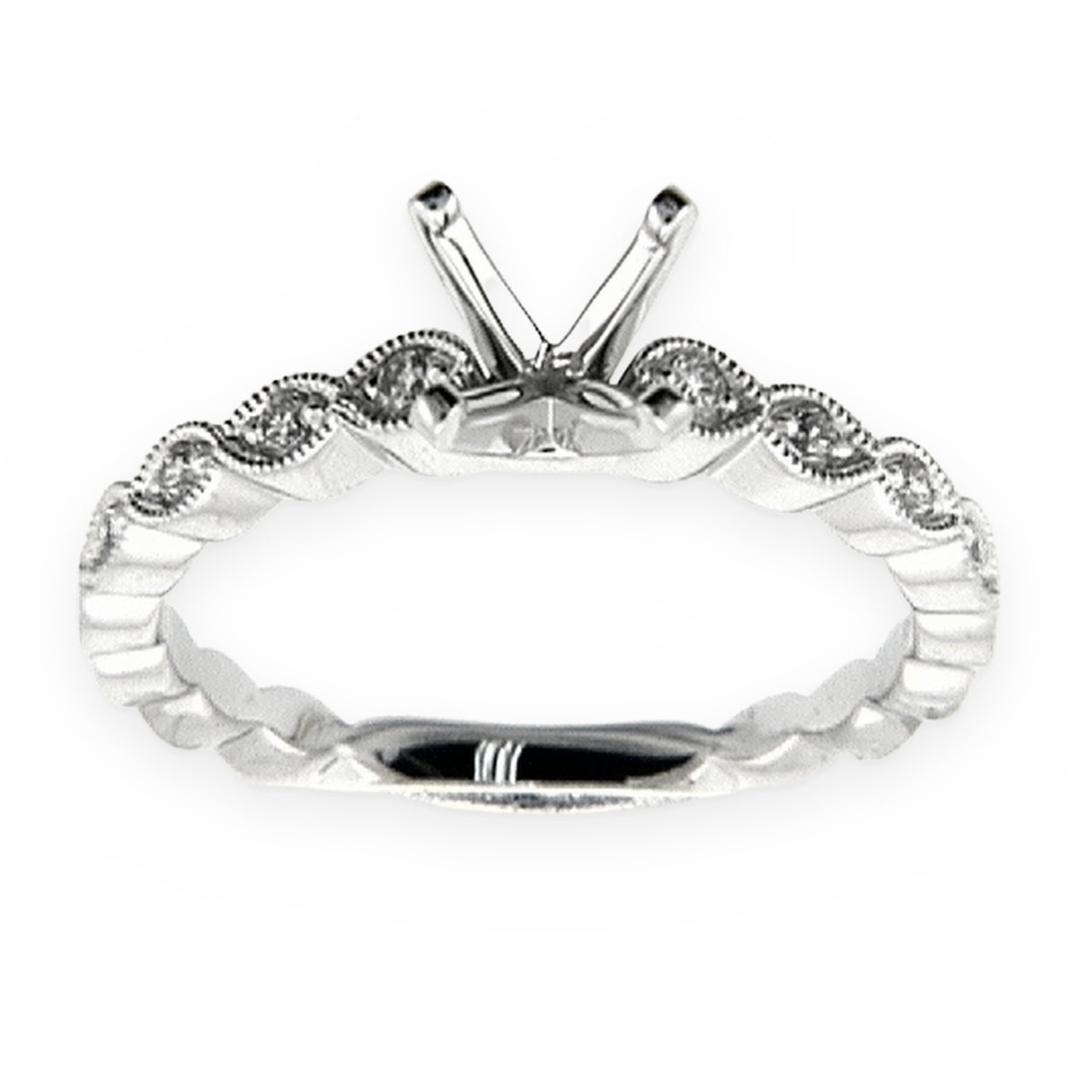 White gold diamond engagement ring semi-mount with marquise-shaped milgrain accents and empty four-prong head