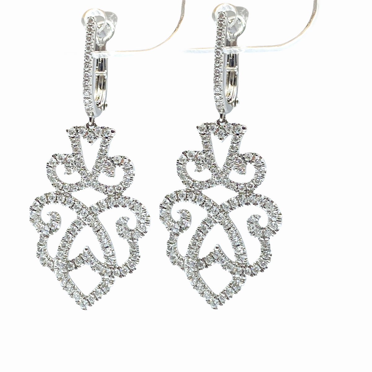 White gold pave diamond filigree scroll chandelier earrings