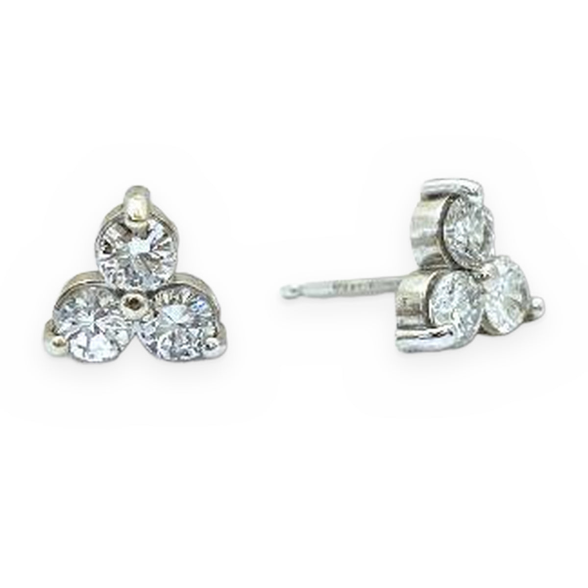 White gold three-stone diamond cluster stud earrings shown front and side
