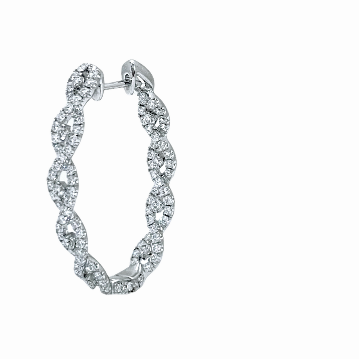 White gold twisted infinity diamond hoop earring shown singly