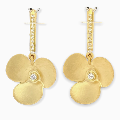 Yellow gold flower drop earrings with diamond bar and bezel-set center