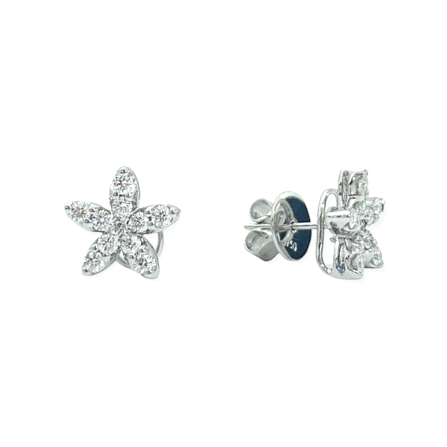 White gold diamond flower stud earrings shown front and back