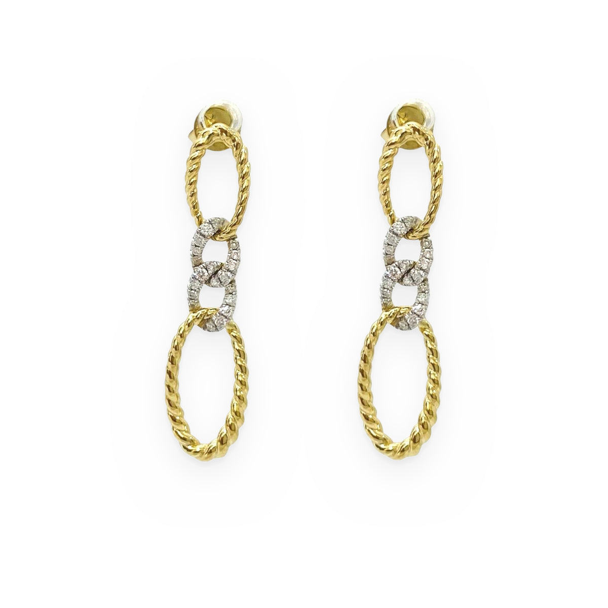 Two-tone gold twisted-rope link drop earrings with diamond pave links