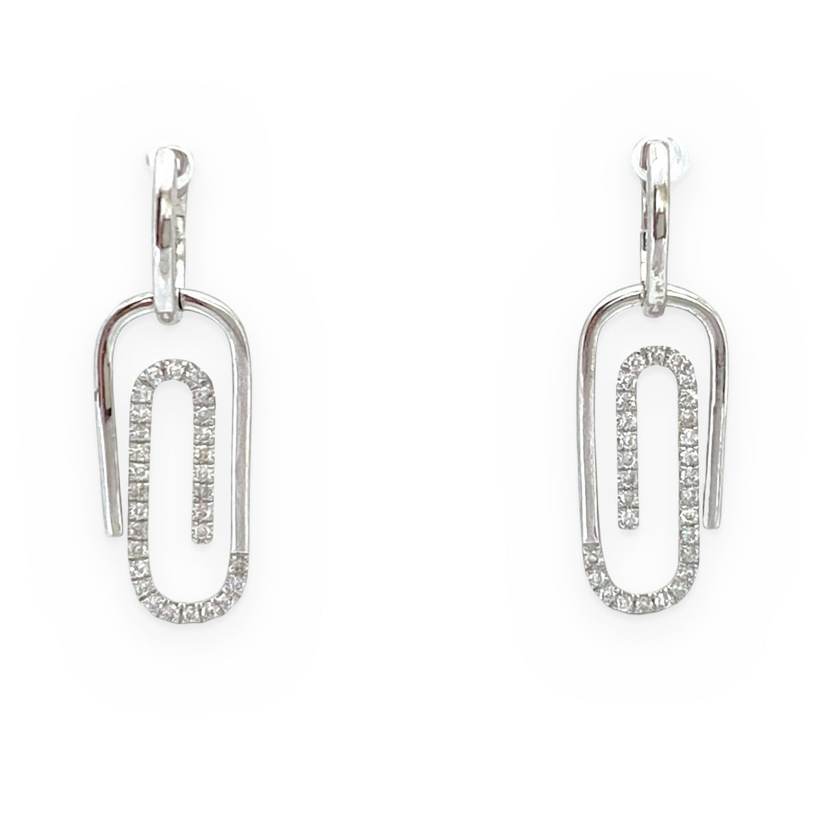 White gold diamond paperclip drop earrings
