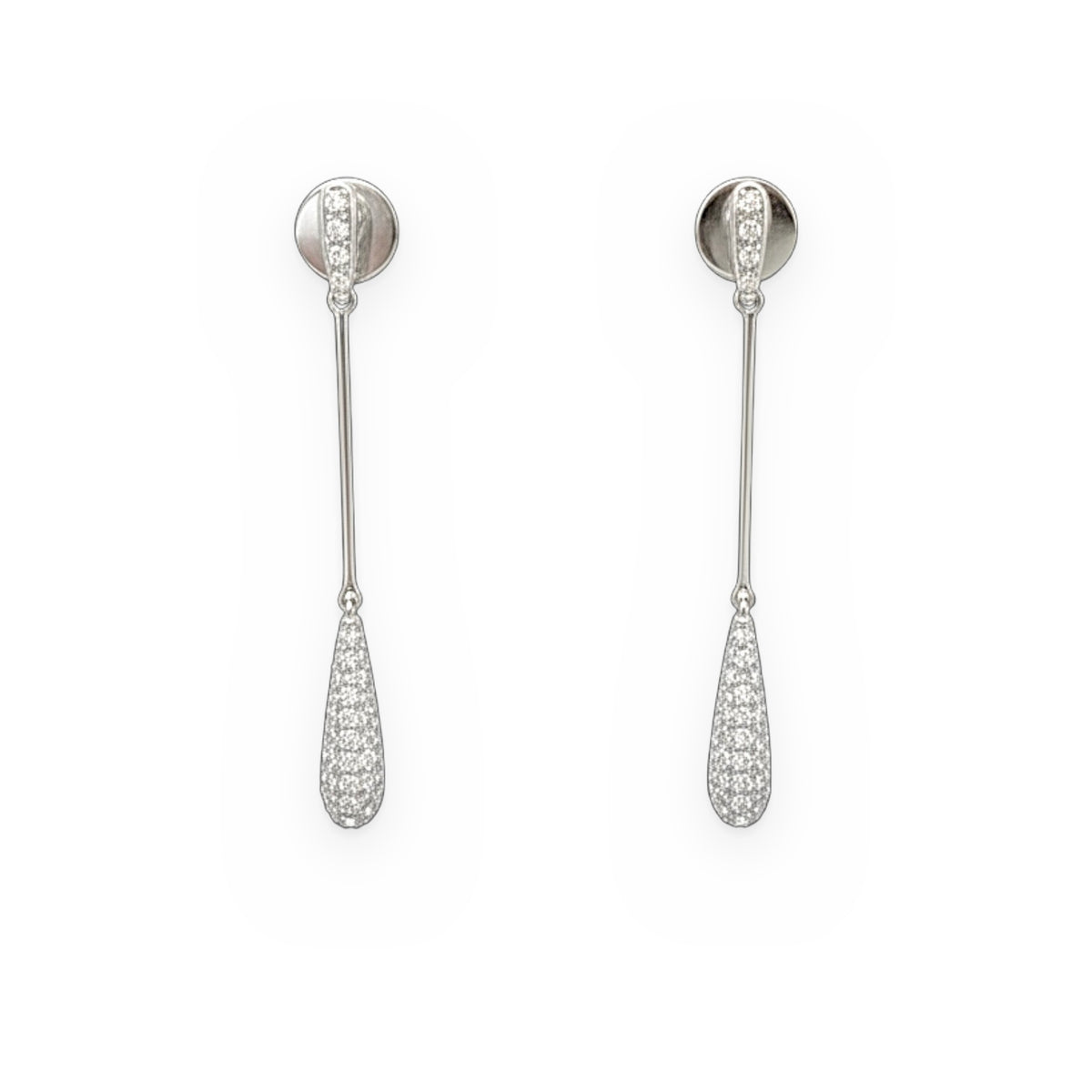 White gold diamond pave teardrop long drop earrings
