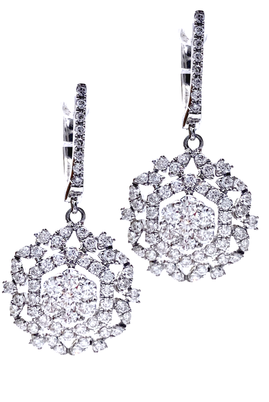 White gold diamond snowflake cluster drop earrings