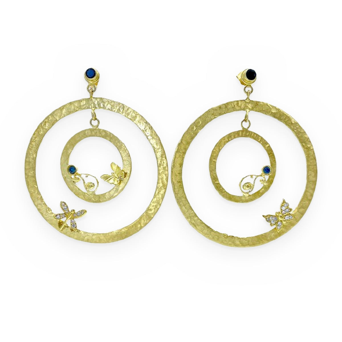 Yellow gold hammered concentric circle earrings with sapphire and butterfly accents