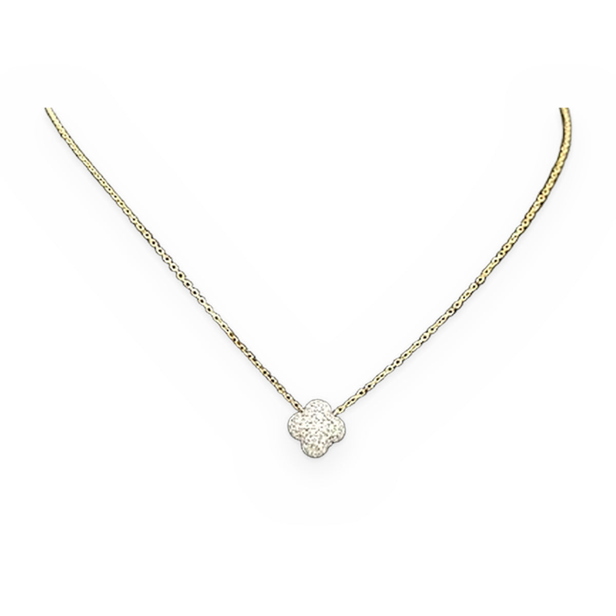 Yellow gold diamond clover pendant necklace on display bust