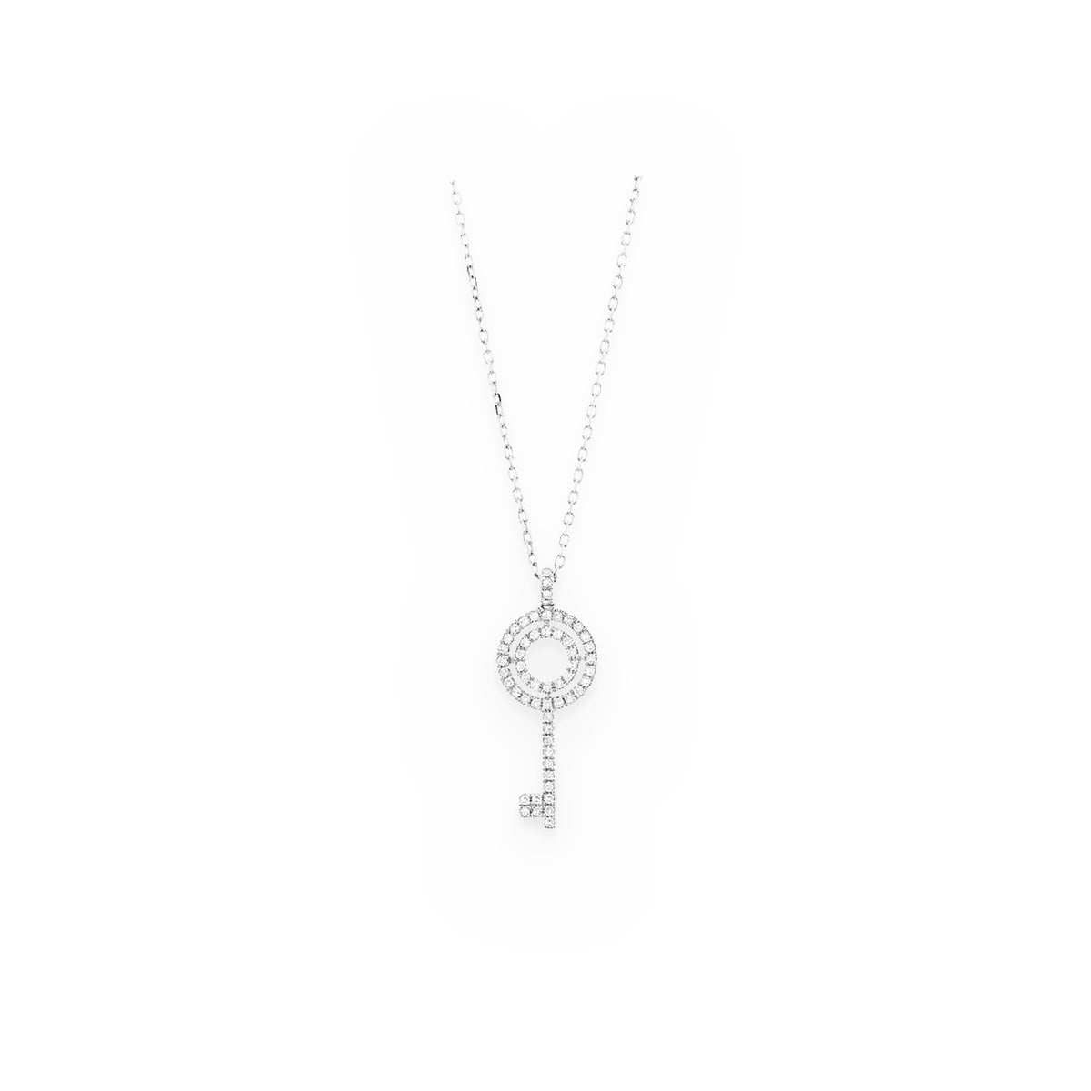 White gold diamond double-circle key pendant on a fine cable chain