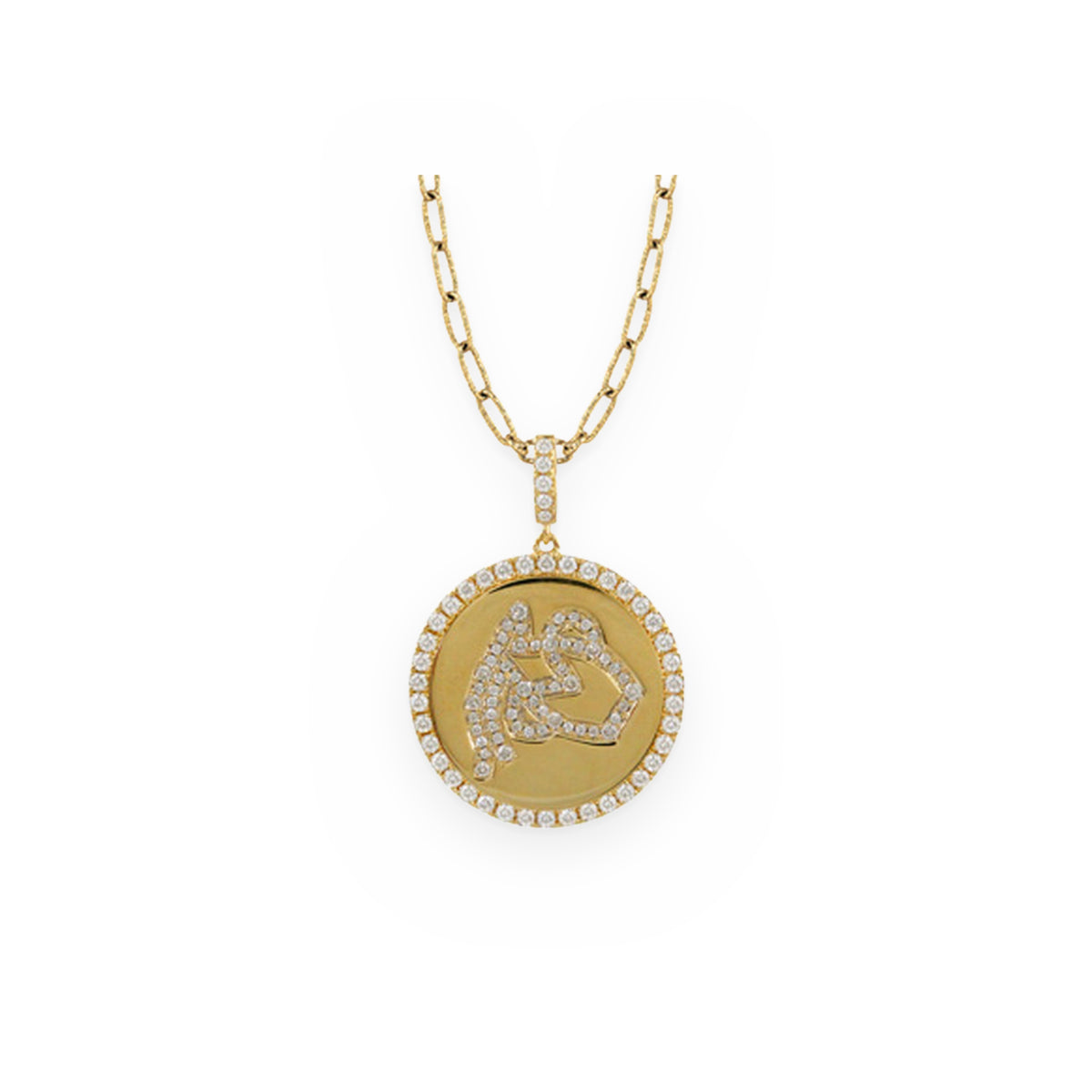 Yellow gold and diamond zodiac medallion pendant on a paperclip chain