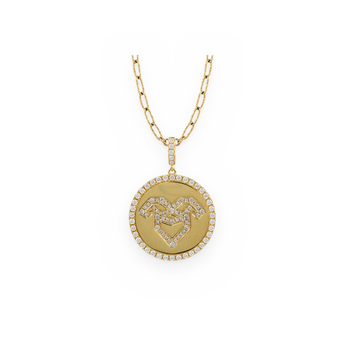 Yellow gold and diamond Aquarius zodiac medallion pendant on a paperclip chain