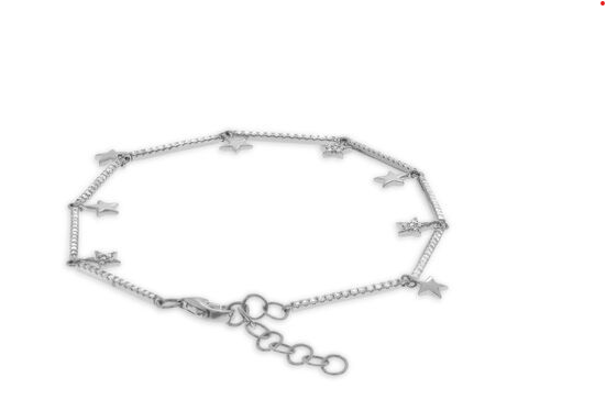 White gold diamond bar link bracelet with dangling star charms