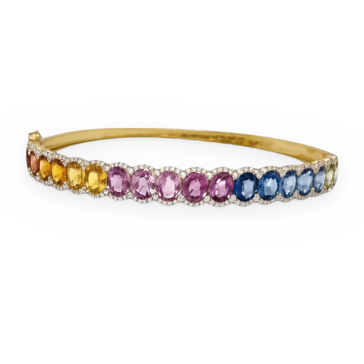 Yellow gold rainbow sapphire and diamond halo bangle