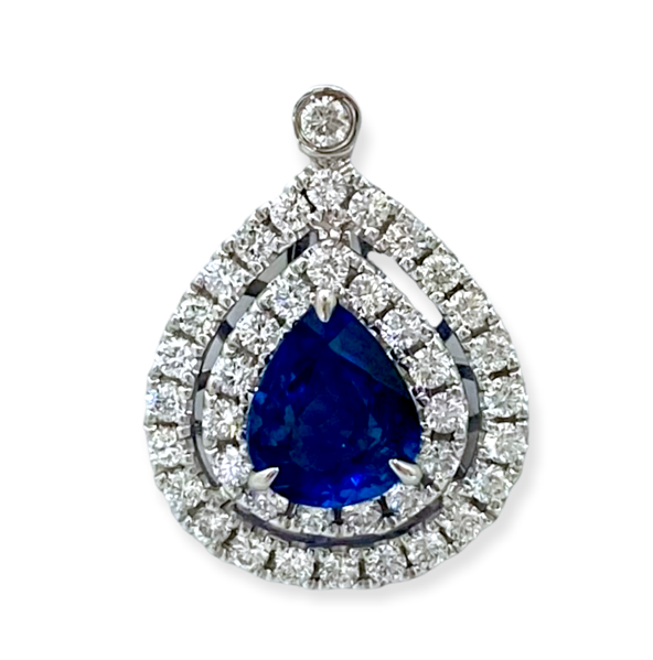White gold pear blue sapphire pendant with double diamond halo, close view