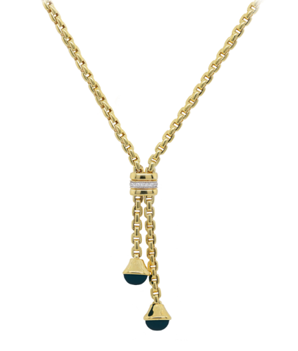 Yellow gold cable-link lariat necklace with a diamond bar and two blue cabochon drops