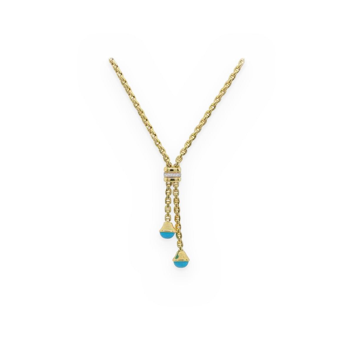 Yellow gold cable-link lariat necklace with a diamond bar and turquoise cabochon cone drops