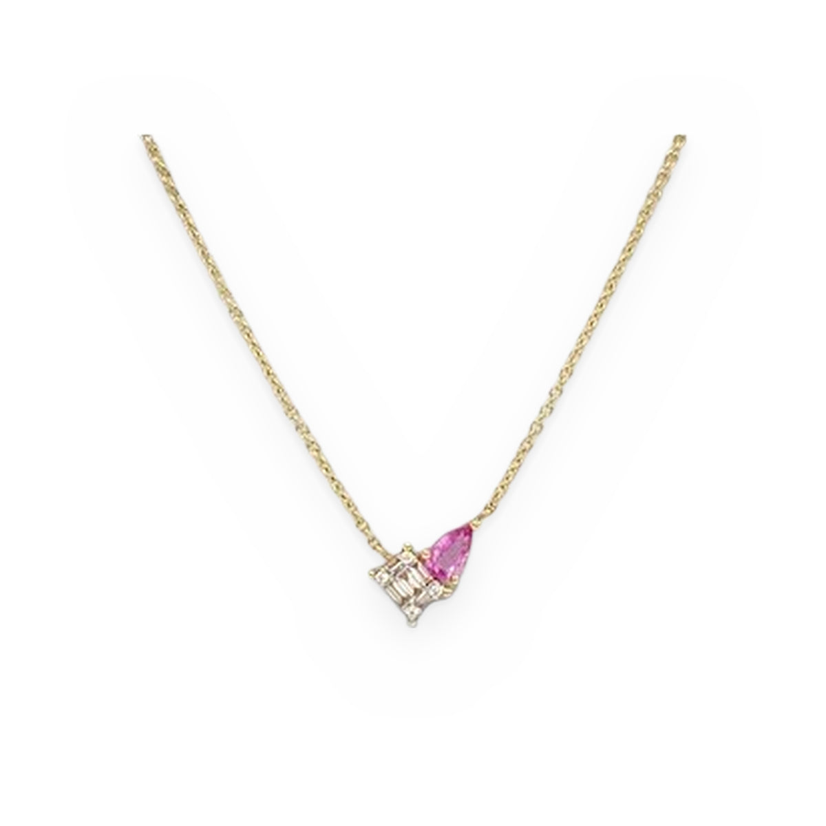 Yellow gold toi et moi necklace with a baguette diamond cluster and a pink sapphire pear