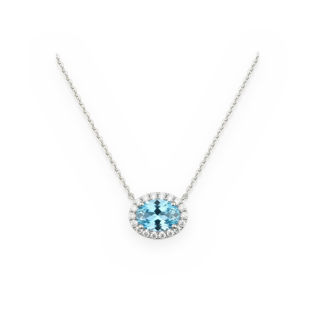 White gold oval aquamarine pendant with a diamond halo on a cable chain