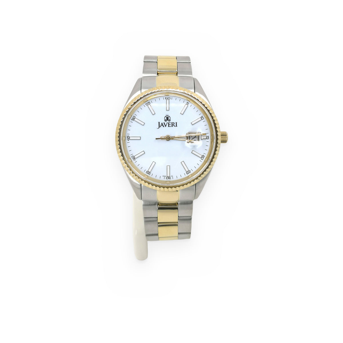 Javeri two-tone watch with white dial and fluted gold bezel