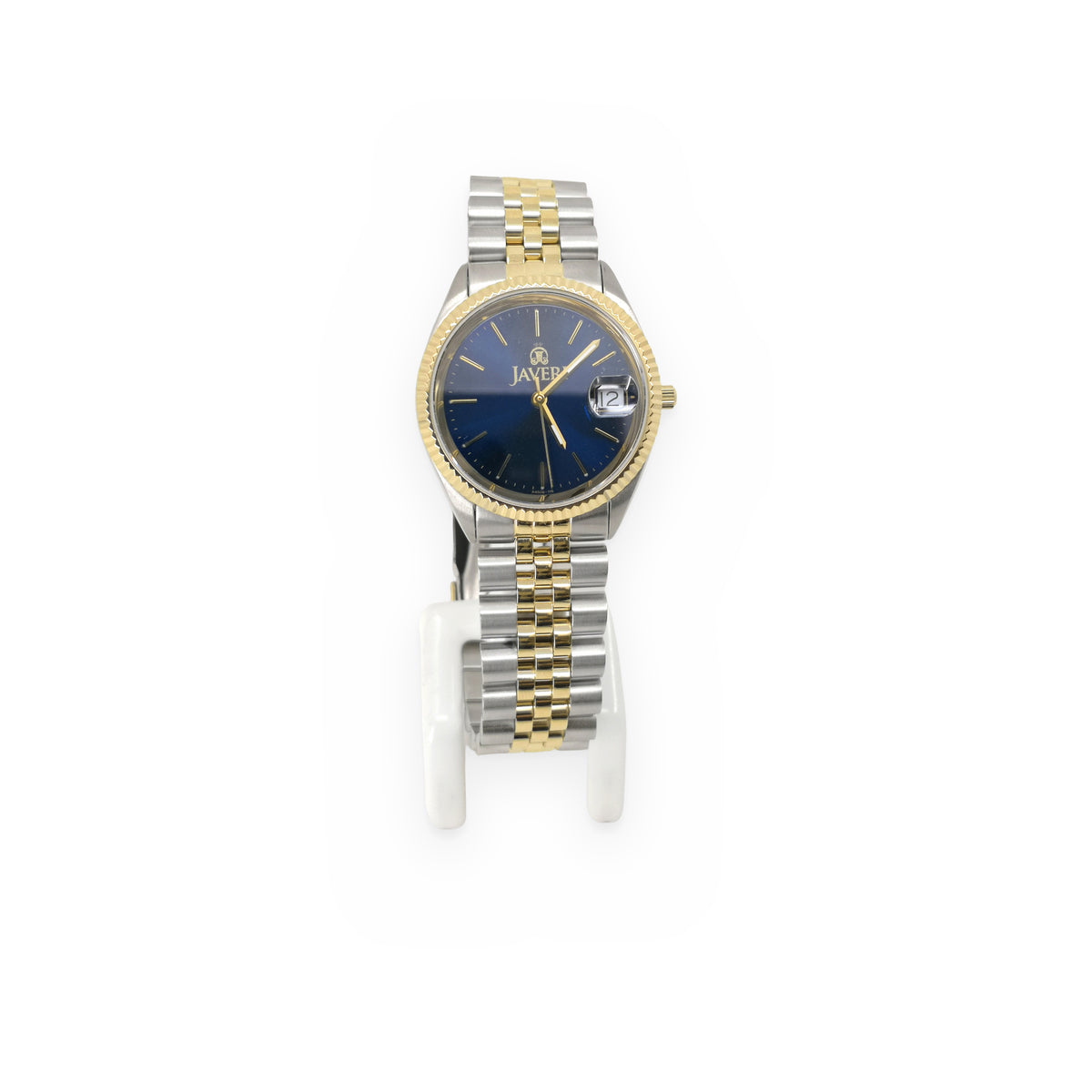 Javeri two-tone watch with blue dial and fluted gold bezel