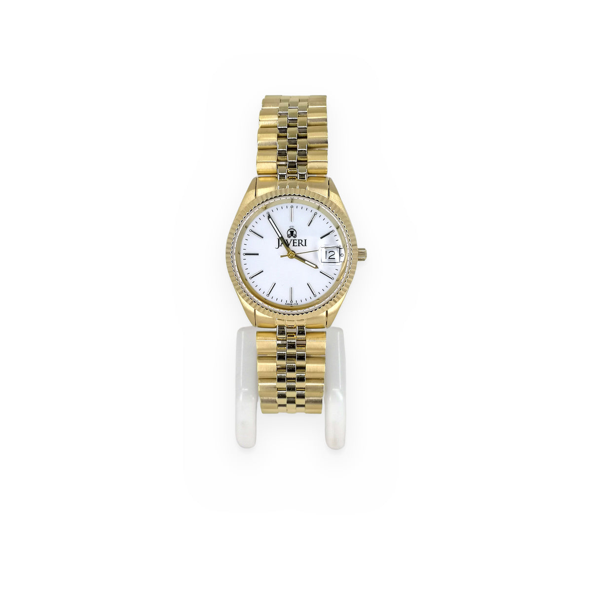 Javeri gold-tone watch with white dial and fluted bezel