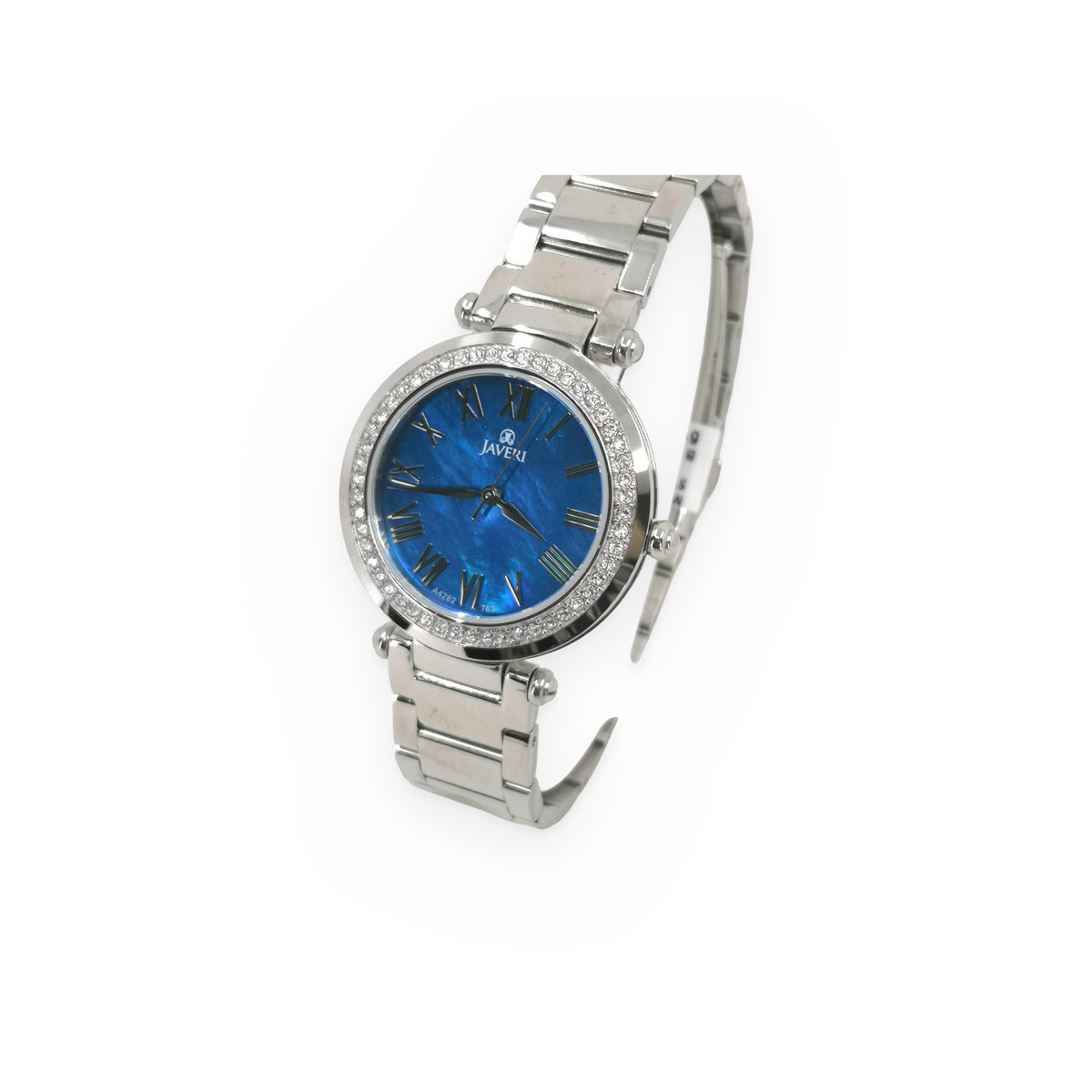 Javeri steel watch with blue mother-of-pearl dial and crystal bezel, angled view