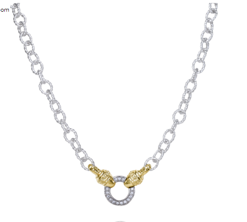 Two-tone sterling silver and gold rolo-link necklace with pave diamond circle station