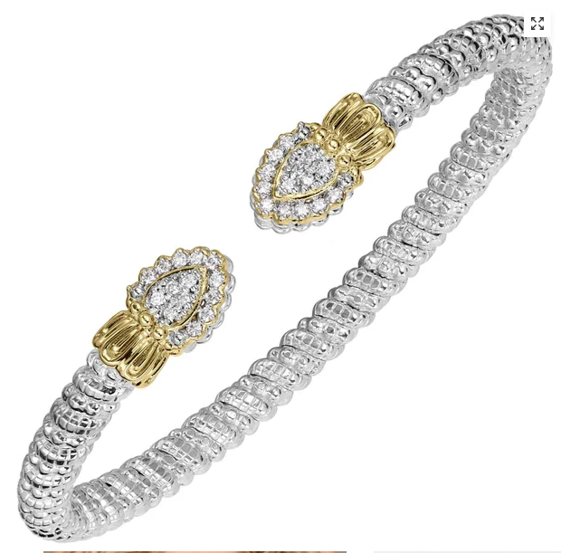 Two-tone silver and gold ribbed cuff bracelet with pave diamond teardrop end stations