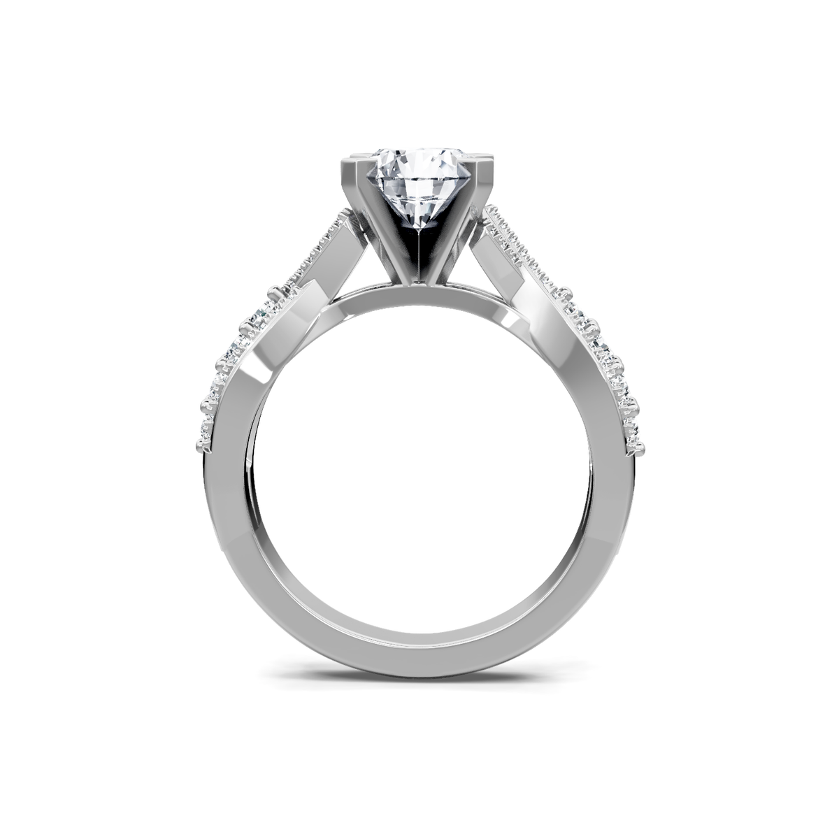 White gold round diamond engagement ring with criss-cross pave band, front profile