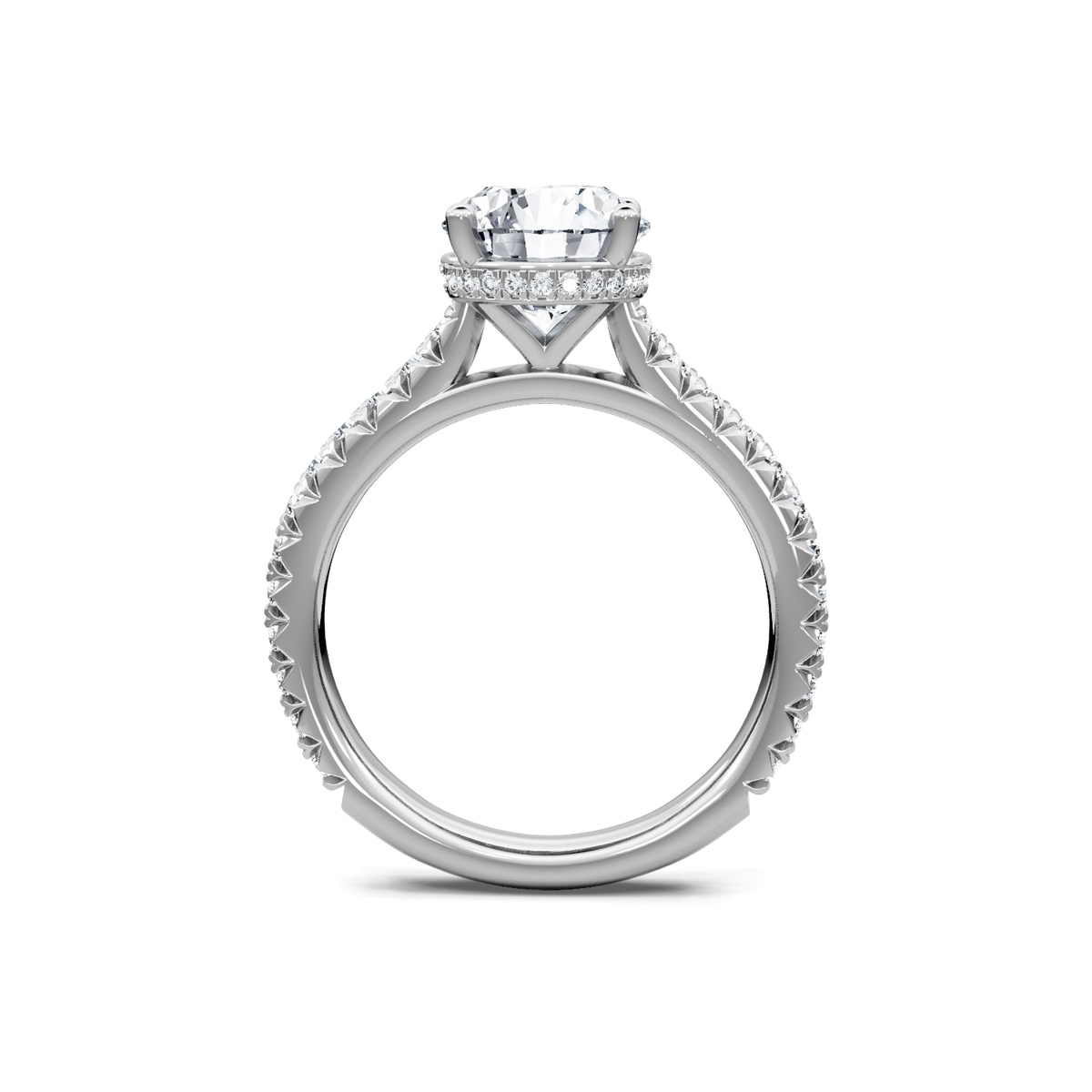 14K white gold round diamond engagement ring with hidden halo, through-finger view