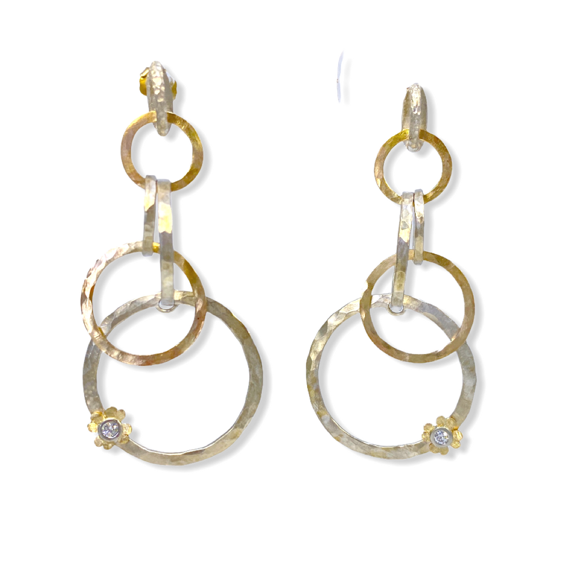 Hammered two-tone gold and silver triple-hoop drop earrings with diamond accent