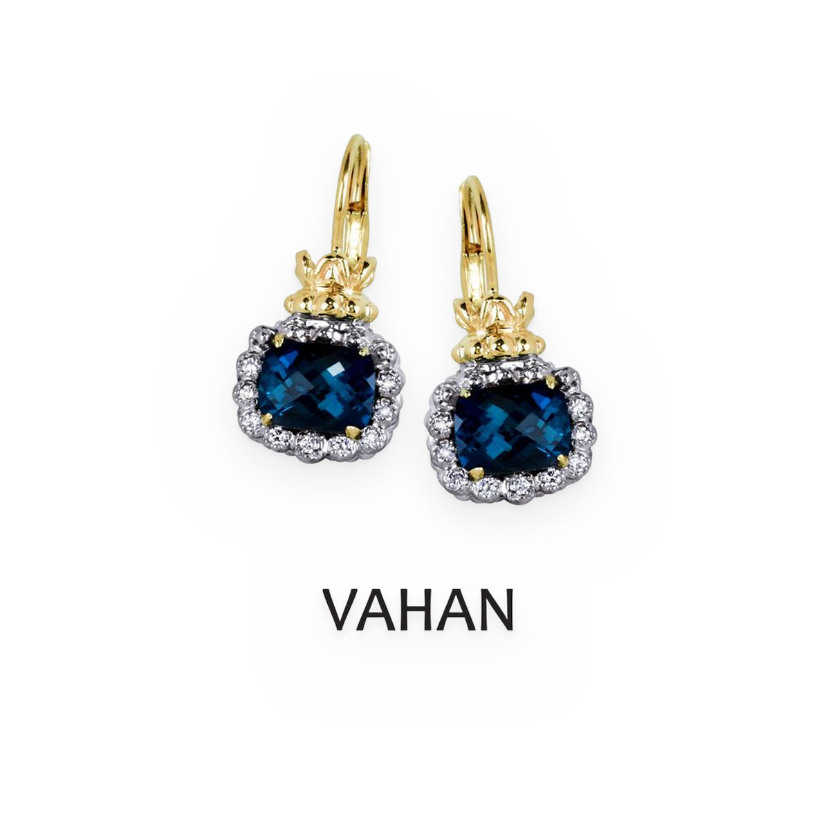 Vahan two-tone gold blue topaz drop earrings with diamond halo
