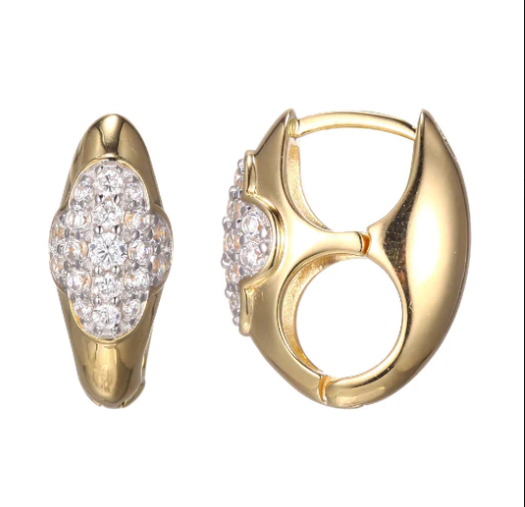 Yellow gold pave diamond oval huggie hoop earrings