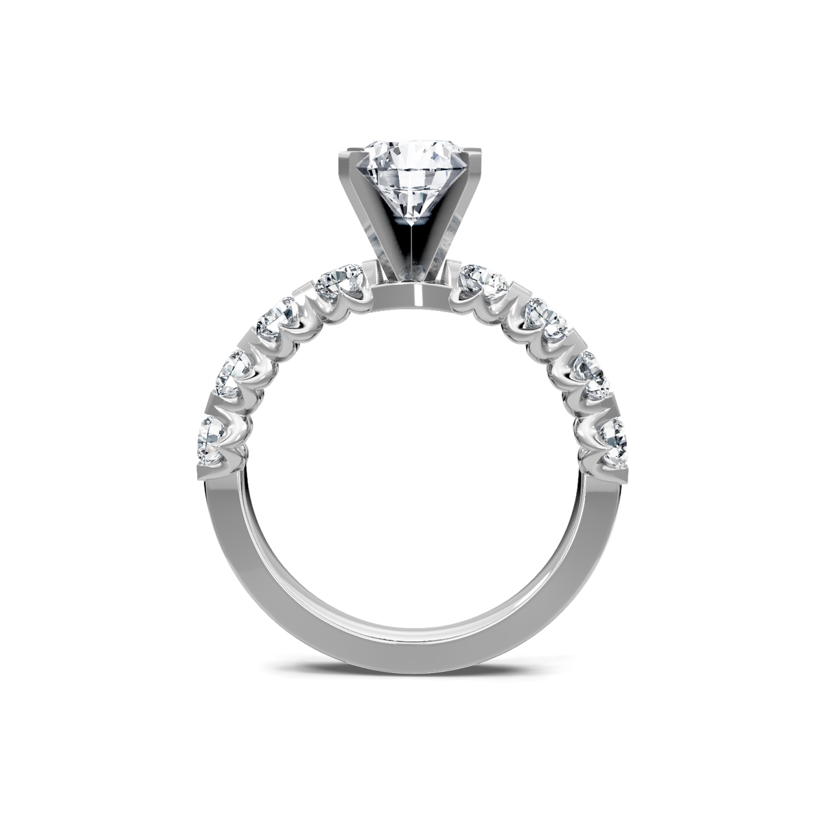 14K white gold round diamond engagement ring with accent band, through-finger view