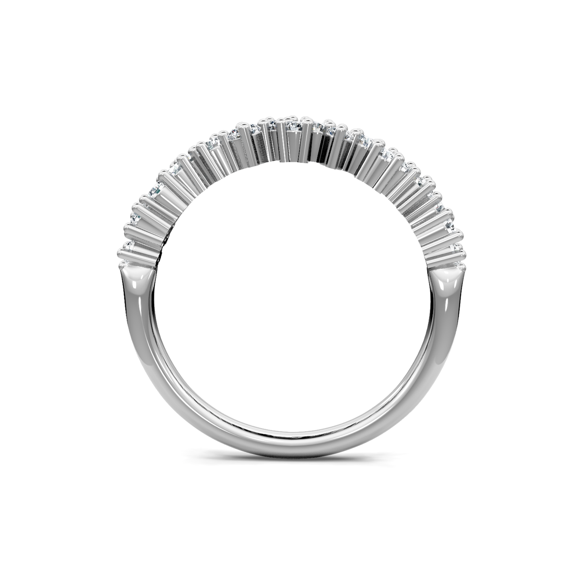 White gold scattered diamond cluster band viewed through the finger opening