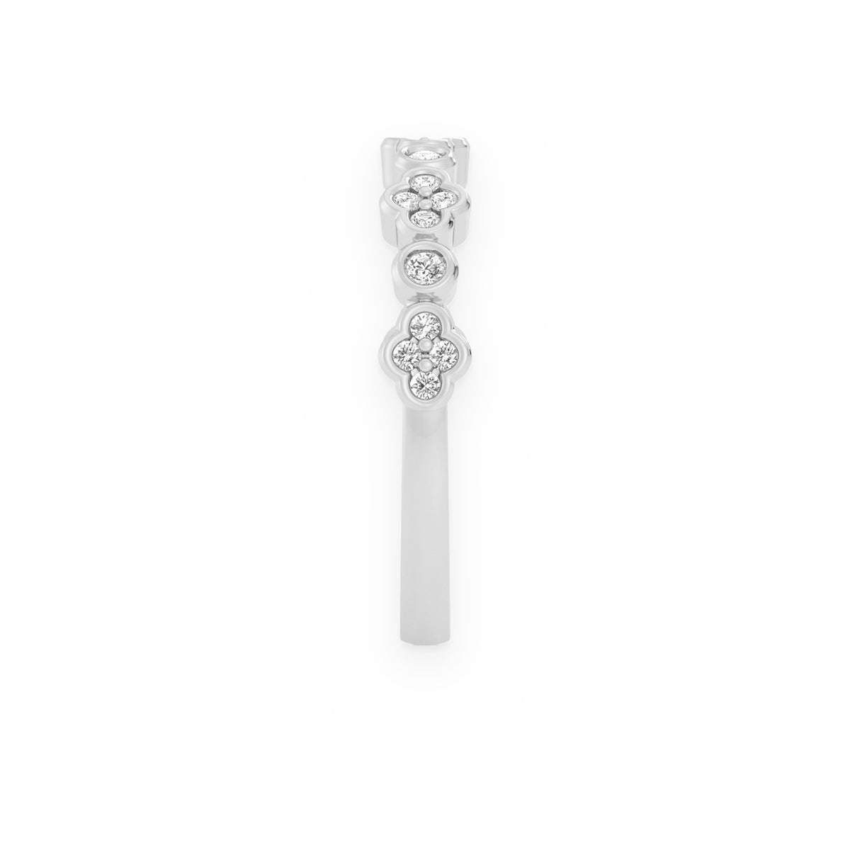 White gold clover-cluster diamond band viewed through the finger opening