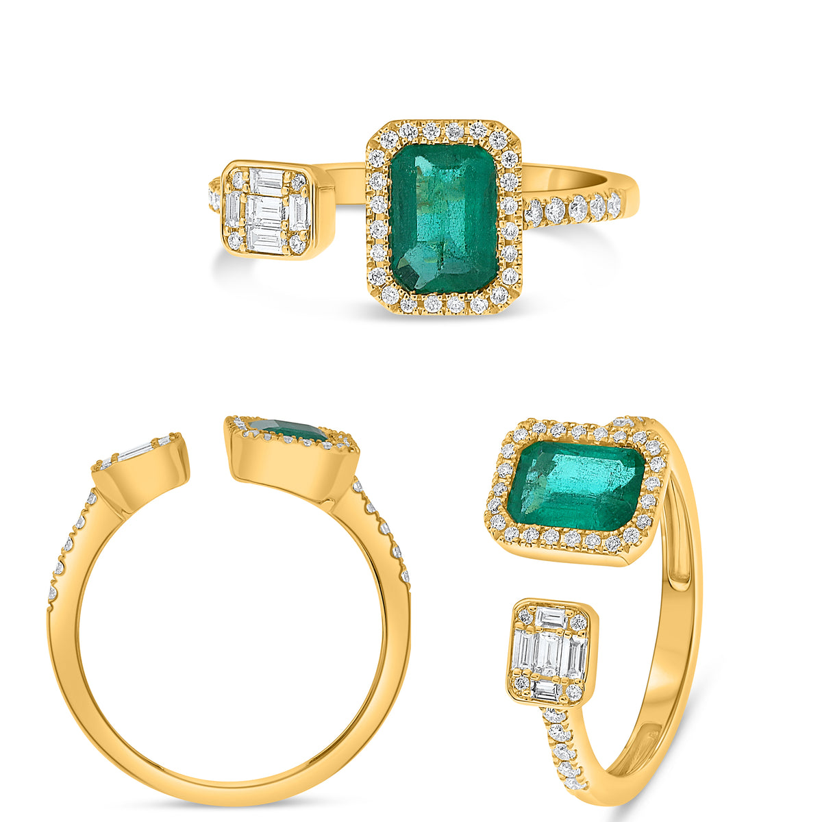 14K Yellow Gold Emerald Cut Emerald Halo Ring