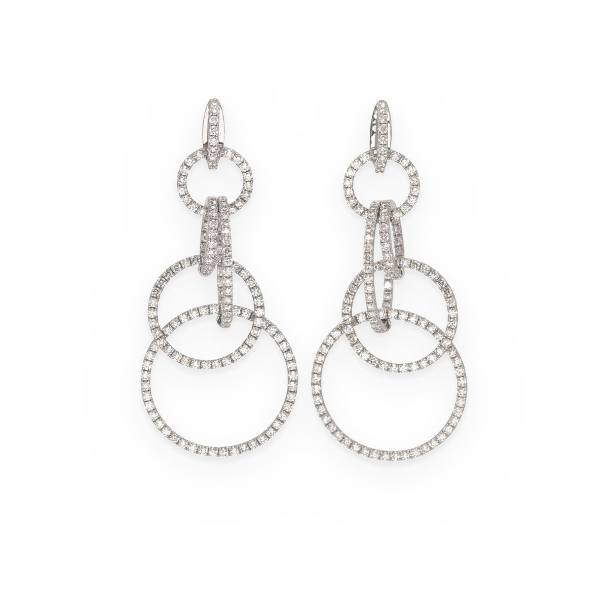 Pair of white gold triple interlocking diamond circle drop earrings