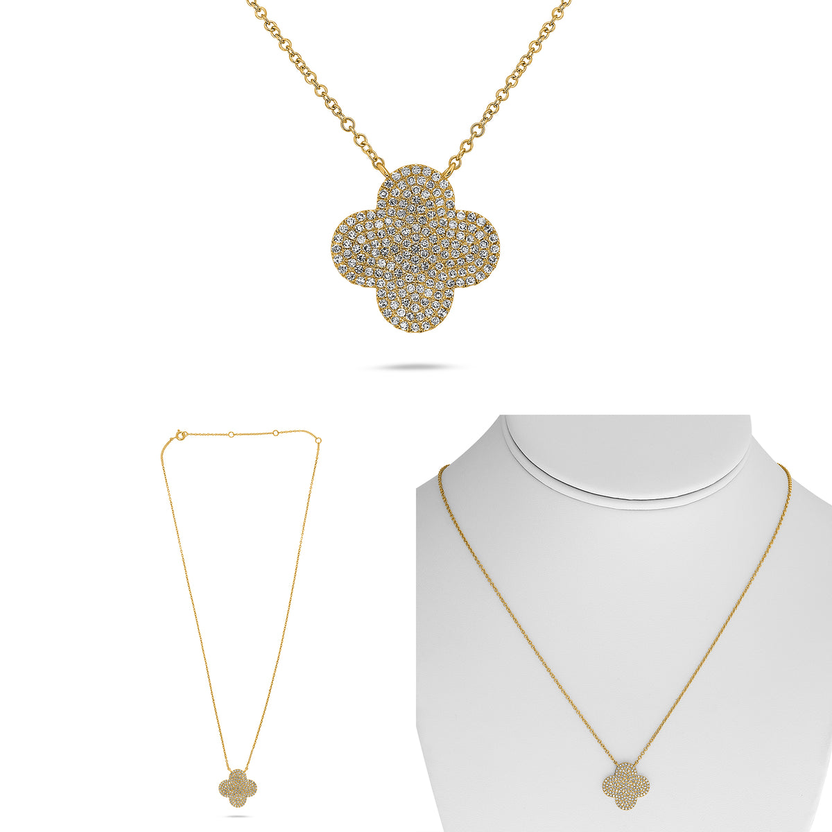 14K Yellow Gold Round Diamond Cluster Necklace