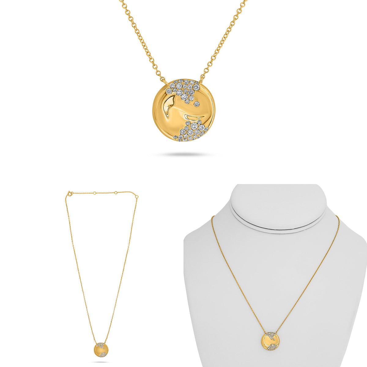 14K Yellow Gold Round Diamond Cluster Necklace